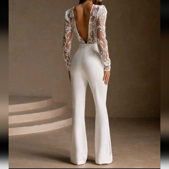 White Lace Sexy Sheer Long Sleeve Backless Jumpsuit Party - Picture 1 of 5
